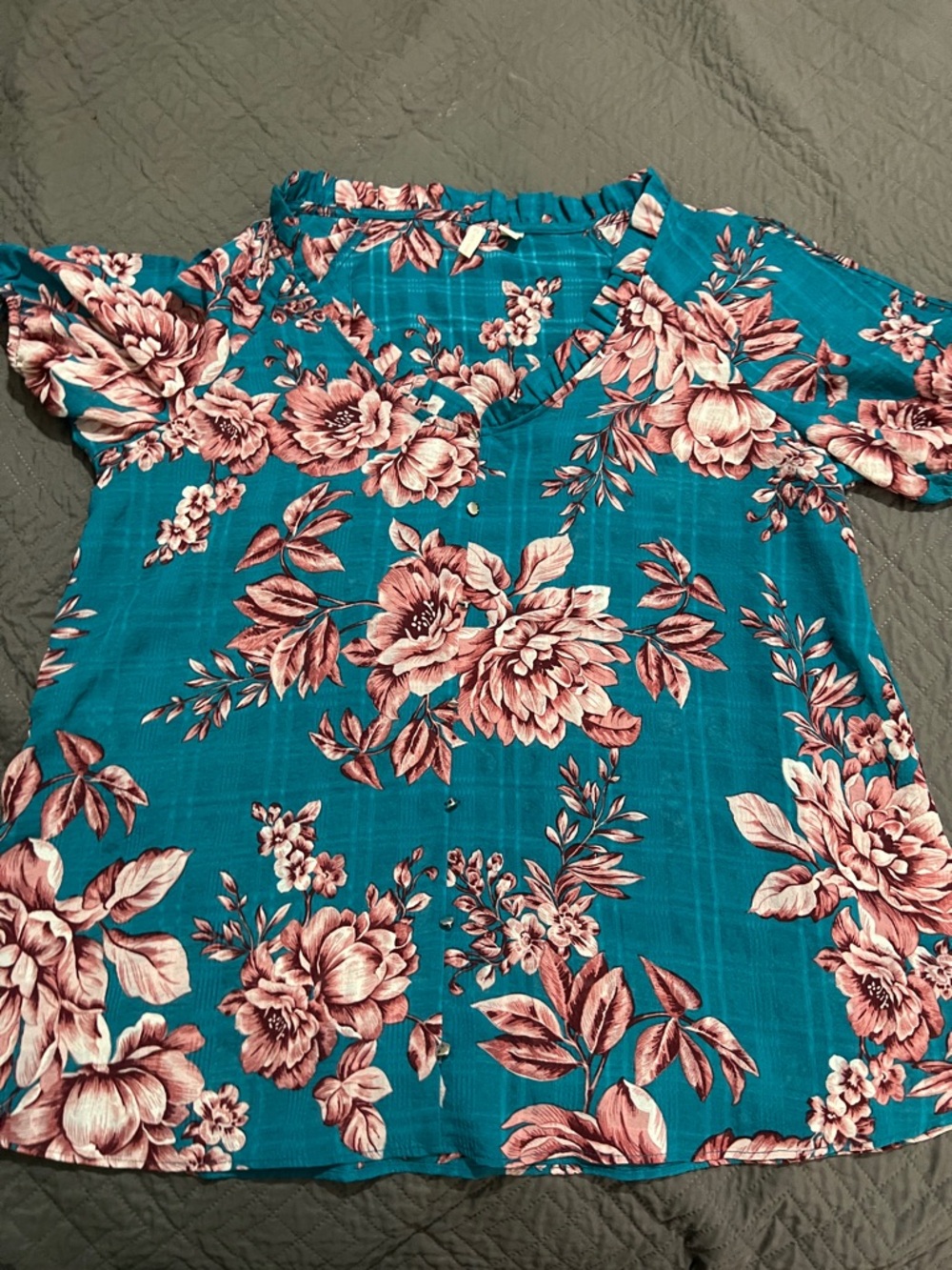 Cato Teal Floral Sheer Button-Front Top